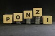 Investment scam, fraud and Ponzi scheme concept. Stack of coins on wooden blocks with word ponzi in dark black background.