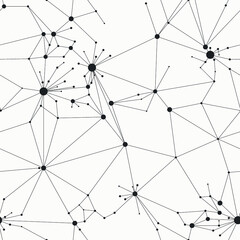 Beautiful web structure with lines and circles like a neural network. Monochrome vector background. Minimal grid seamless pattern.