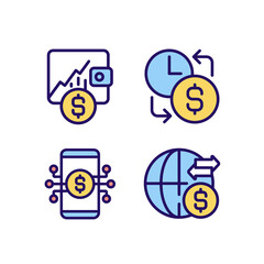 Wall Mural - Daily cash flow pixel perfect RGB color icons set. Hourly earnings. Stock trading. International money transfer. Isolated vector illustrations. Simple filled line drawings collection. Editable stroke