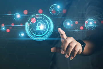 cybersecurity concept Business man shows how to protect cyber technology network from attack by hackers on the internet. Secure access to privacy through smartphones Meta protection.
