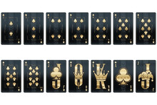 Casino Concept, Set Of Clubs Playing Cards, Black And Gold Design Isolated On White Background. Gambling, Luxury Style, Poker, Blackjack, Baccarat. 3D Render, 3D Illustration.
