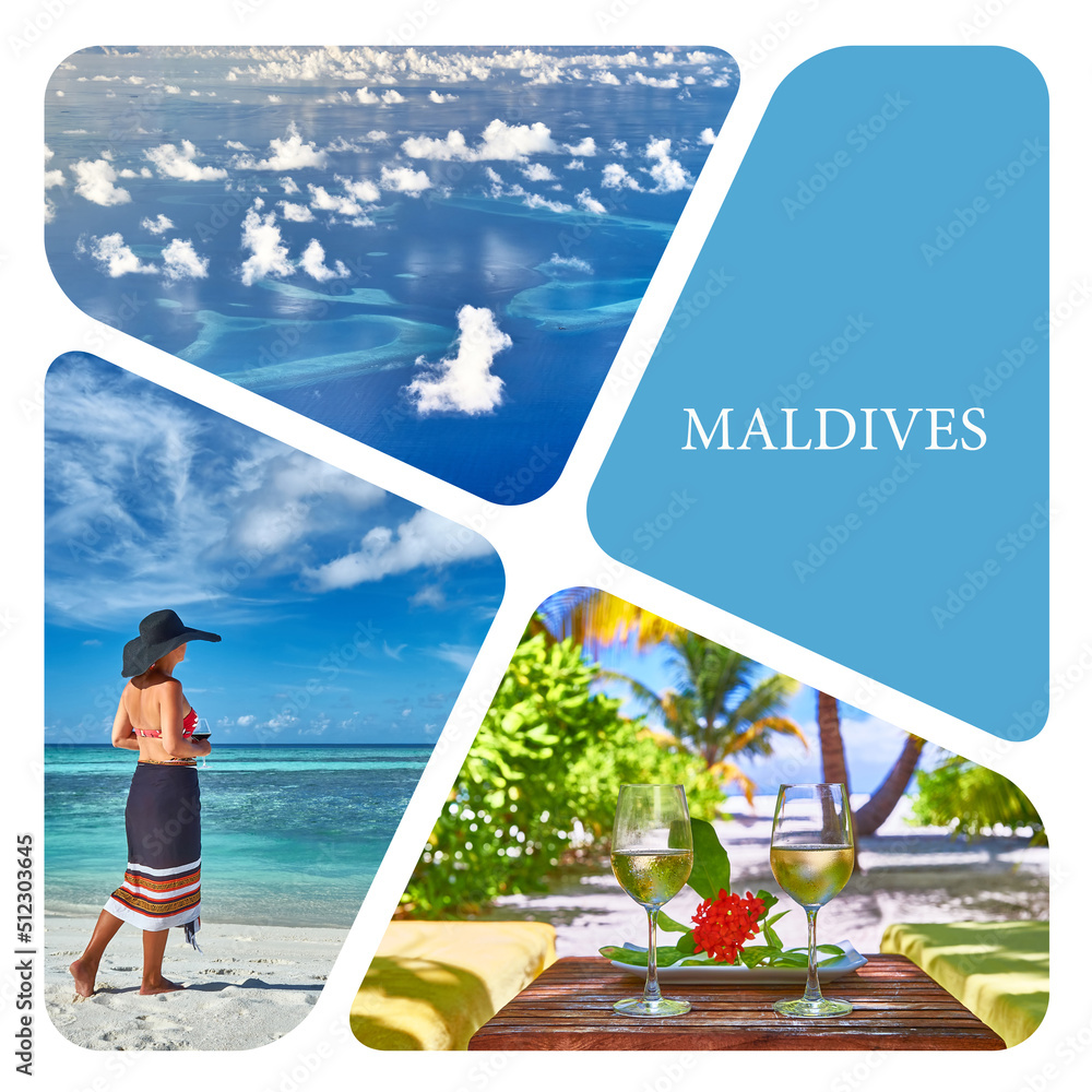 Travel photo collage concept.  Tropical beach. Maldives. Travel and tourism to luxury resorts in the Maldives islands. Summer holiday banner