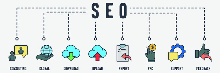 SEO optimization banner web icon. online consulting, global solution, download, upload, report, pay per click, technical support, feedback vector illustration concept.