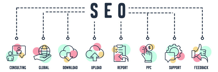 SEO optimization banner web icon. online consulting, global solution, download, upload, report, pay per click, technical support, feedback vector illustration concept.