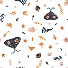 Floral Animal Seamless Pattern. Moth And Plant Branches. Summer Herbs. Forest Leaves Or Mushrooms. Repeated Print With Flying Butterfly And Blooming Flowers. Vector Natural Background