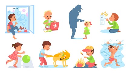 Kids in dangerous situation. Children play with sharp, hot and poisoned objects. Danger to life and health. Risk baby. Drowning boys. Girls careless cross road. Splendid vector set