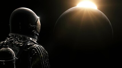 Wall Mural - Astronaut looking at the moon. Cosmonaut in outer space. Sunlight.