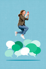 Sticker - Vertical creative collage image of excited positive kid girl jump hold use telephone blog chatting drawing dialogue bubbles