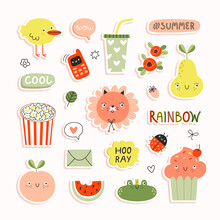 Vector Set Of Cute Bright Summer Stickers. Funny Cartoon Characters, Doodles And Hand Drawn Phrases.