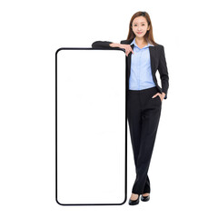 Business woman leaning on huge cellphone with blank white screen,  recommending great new app or website for smart phone