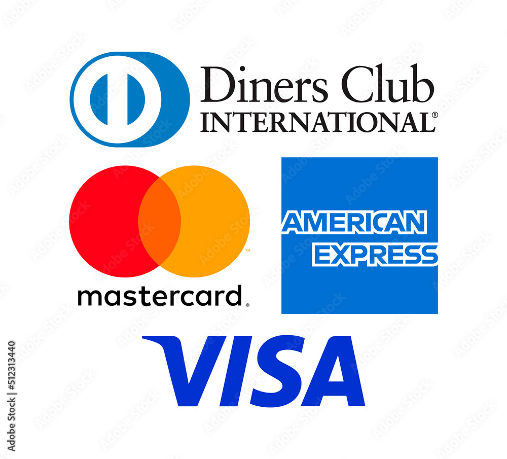 Vetor do Stock Collection of popular payment system logos: American  Express, MasterCard, Visa and Diners Club International, on white  background, vector illustration | Adobe Stock, image size:1000x905