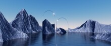 3d Rendering. Abstract Surreal Seascape Background With Rocky Mountains And Mirror Arches. Panoramic Spiritual Wallpaper