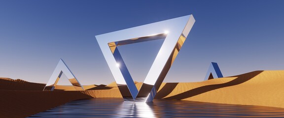 3d render, abstract fantastic background. Desert landscape with sand water and glossy metallic triangles under the clear blue sky