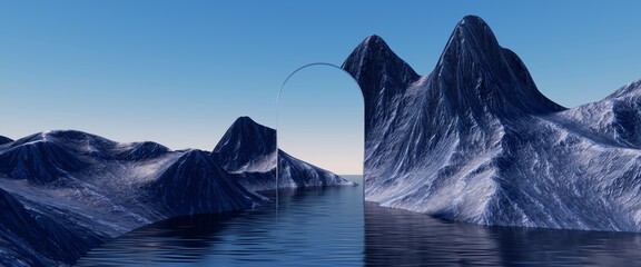 3d render. Abstract surreal seascape background with rocky mountains and mirror arches. Fantastic landscape wallpaper