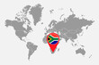 Pin map with South Africa flag on world map. Vector illustration.