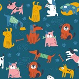 Fototapeta Pokój dzieciecy - Seamess pattern with cute dogs. Vector illustrations