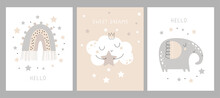 Cute Baby Card Set, Posters With Bunny, Elephant, Moon. For Baby Room, Greeting Cards And Baby T-shirts. Vector Illustrations