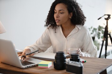 Wall Mural - Beautiful young mixed race creative designer woman using pen tablet and laptop