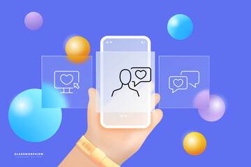 Meeting website set icon. Like, heart, sympathy, relationship, wedding, anniversary, care, couple, love view Valentines day concept. Glassmorphism. UI phone app screen. Vector line icon for Business