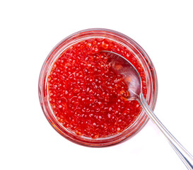 Glass jar with red caviar and metal spoon isolated on white background.