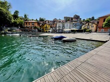 Panoramic View Of Idyllic Lakeside Town Mergozzo, Upper Italian Lakes, Piedmont, Italy.
