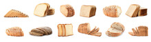 Collage With Different Sliced Bread On White Background. Banner Design