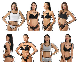 Sticker - Collage with photos of slim young women wearing beautiful underwear on white background. Illustrations of lines around ladies before weight loss