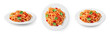 © Helga1 - Traditional Italian linguini pasta with tomatoes and basil is isolated on a white background. A set of pasta with tomatoes in different angles.
