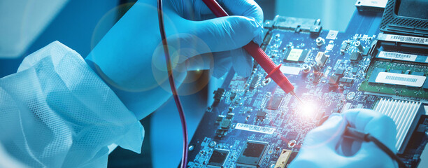 The scientist works in a modern scientific laboratory for the research and development of microelectronics and processors. Microprocessor manufacturing worker uses computer technology and equipment.