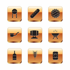 Sticker - Set Braid, Beer bottle, Wheat, Wooden barrel on rack, Smoking pipe, Bottle cap, can and French baguette bread icon. Vector