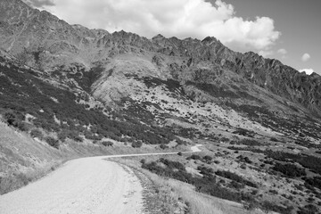 Sticker - Remarkables, New Zealand. Black and white vintage photo style.