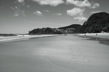 Sticker - New Zealand nature - Hot Water Beach. Black and white retro photo style.