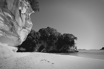 Sticker - Coromandel - Cathedral Cove in New Zealand. Black and white vintage photo style.