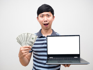 Man striped shirt earn money with job holding laptop white screen isolated