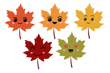 Wall Mural - Set of colorful maple leaves in kawaii style. Vector design