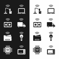 Sticker - Set Smart truck, electrical outlet, Robotic robot arm hand factory, Wireless laptop, printer, light bulb, microwave oven and Processor with microcircuits CPU icon. Vector