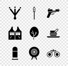Set Bird Footprint, Medieval Spear, Pistol Or Gun, Bullet, Target Sport, Binoculars, Hunting Jacket And Tree Icon. Vector