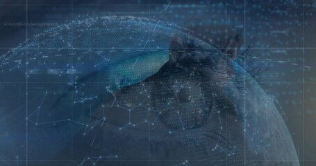 Wall Mural - Animation of connections, caucasian male hacker and globe on navy background