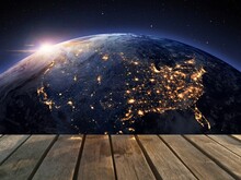 Illustration 3D Wooden Table On Beautiful Planet Earth Background At Night