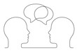 People talk with speech bubble outline, conversation two person, dialog speak, continuous line drawing. Graphics minimalist linear. Balloons for communication, chat and dialogue. Vector illustration