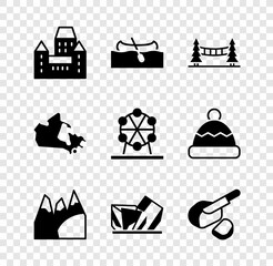 Sticker - Set Chateau Frontenac hotel, Kayak or canoe, Capilano Suspension Bridge, Mountains, Royal Ontario museum, Peameal bacon, Canada map and Ferris wheel icon. Vector