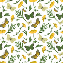 Summer Floral Seamless Pattern. Cute Botanical Print, Blooming Summer Meadow Illustration With Butterflies, Yellow Flowers And Greenery On White Background.