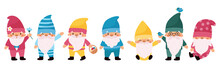 Cute Cartoon Seven Dwarfs For Snow White Fairy Tale. Kawaii Garden Gnomes On White Background. Christmas Gnomes. Vector Flat Illustration.