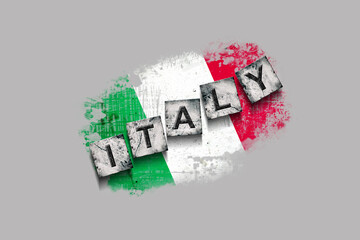 Wall Mural - Italy, words on stone blocks, on grunge background of Italy flag. Isolated on white background. Design element. Signs and symbols.