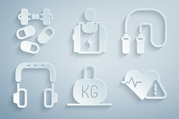 Wall Mural - Set Weight, Jump rope, Headphones, Heart rate, Bodybuilder and Sports doping with dumbbell icon. Vector