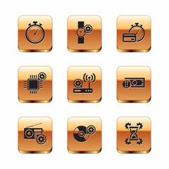 Sticker - Set Stopwatch, Radio setting, CD or DVD disk, Router and wi-fi, Processor and Fast payments icon. Vector