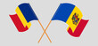 Crossed and waving flags of Romania and Moldova