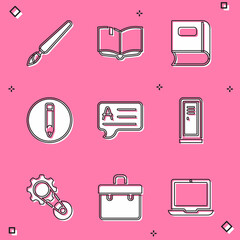 Wall Mural - Set Paint brush, Open book, Book, Pencil, Speech bubbles with Answer, Locker or changing room, Timing belt kit and Briefcase icon. Vector