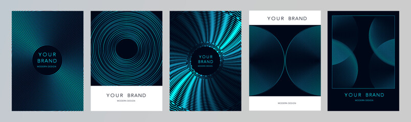 Luxury cover design set with blue round circle pattern on black background. Modern creative premium backdrop. Formal simple vector template for brochure, certificate, flyer, music, technology concept