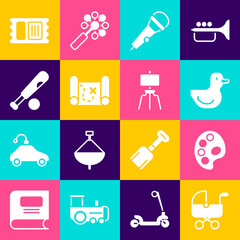 Sticker - Set Baby stroller, Palette, Rubber duck, Microphone, Pirate treasure map, Baseball bat with ball, Circus ticket and Wood easel icon. Vector